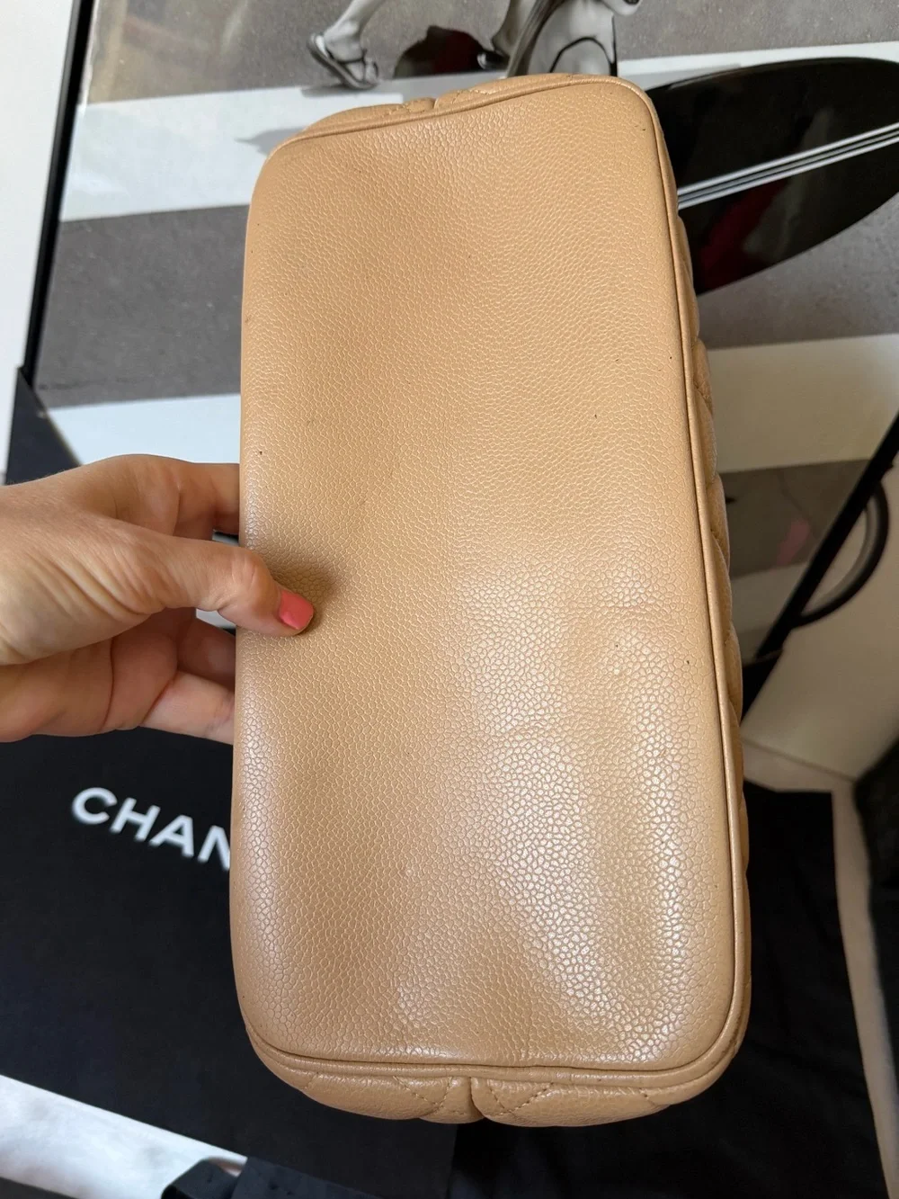 CHANEL Medallion Tote Bag Beige Caviar Leather Large CC Logo